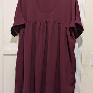 Flowy V-Neck Babydoll Dress in Wine
